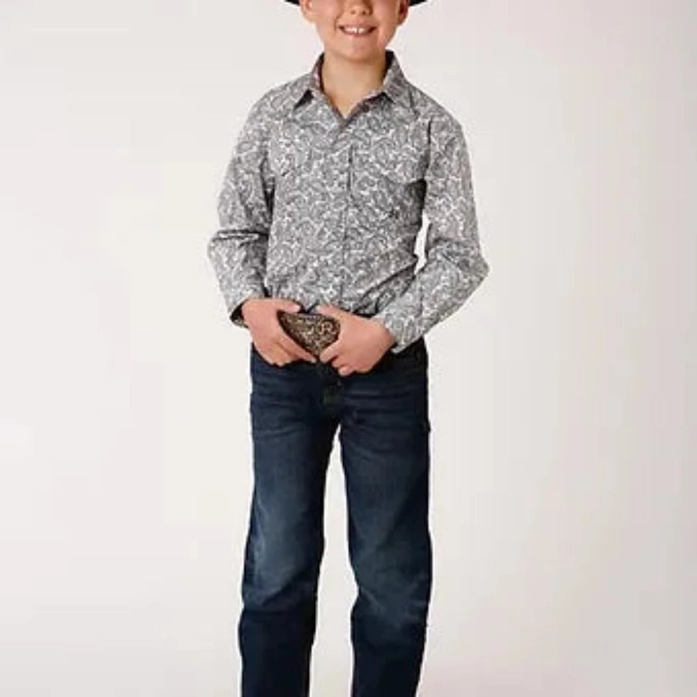 Youth boy's Roper White Black Paisley Western Shirt