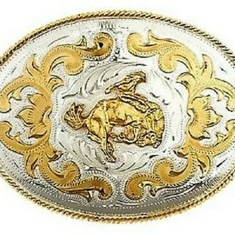 German Silver & Gold Bucking Bronco Rodeo Belt Buckle