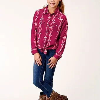 Youth Girl's Roper WINE AZTEC PRINT WESTERN SHIRT w/ Snaps