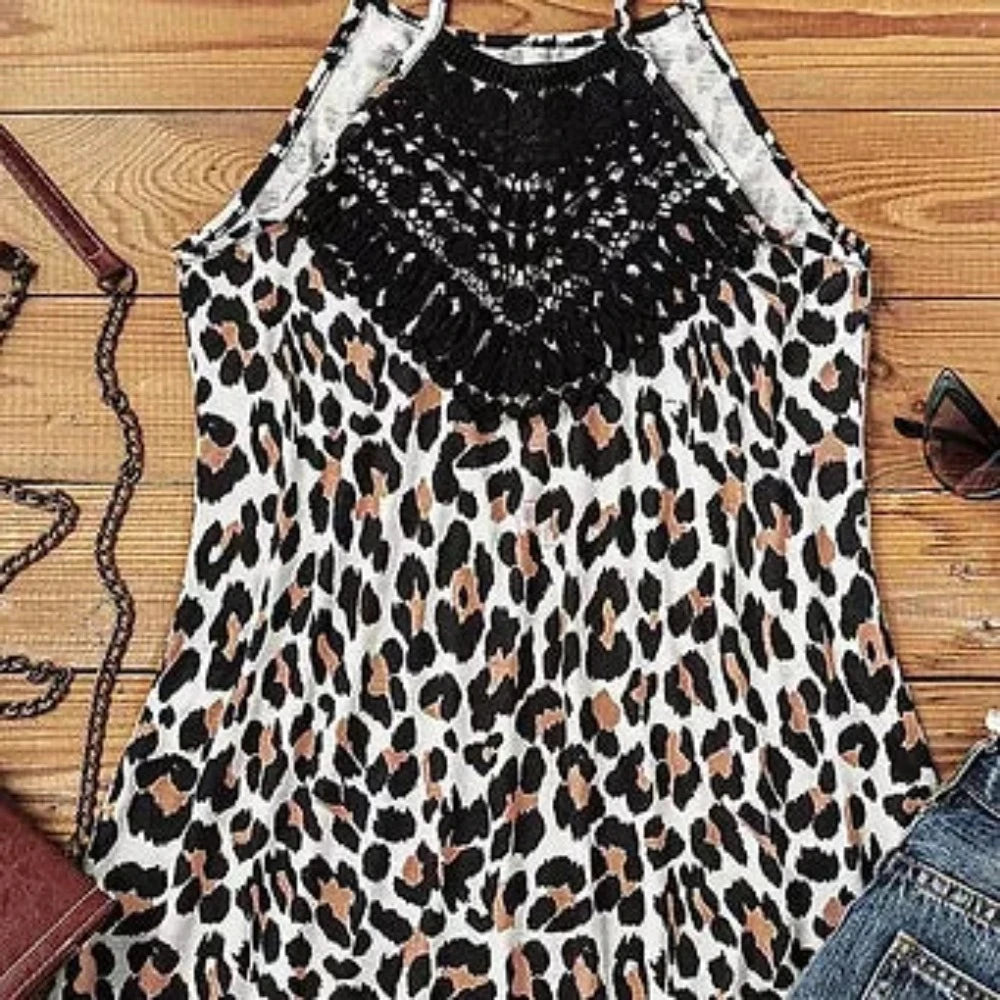 Women's Leopard Print Cami Tank Top w/ Lace chest