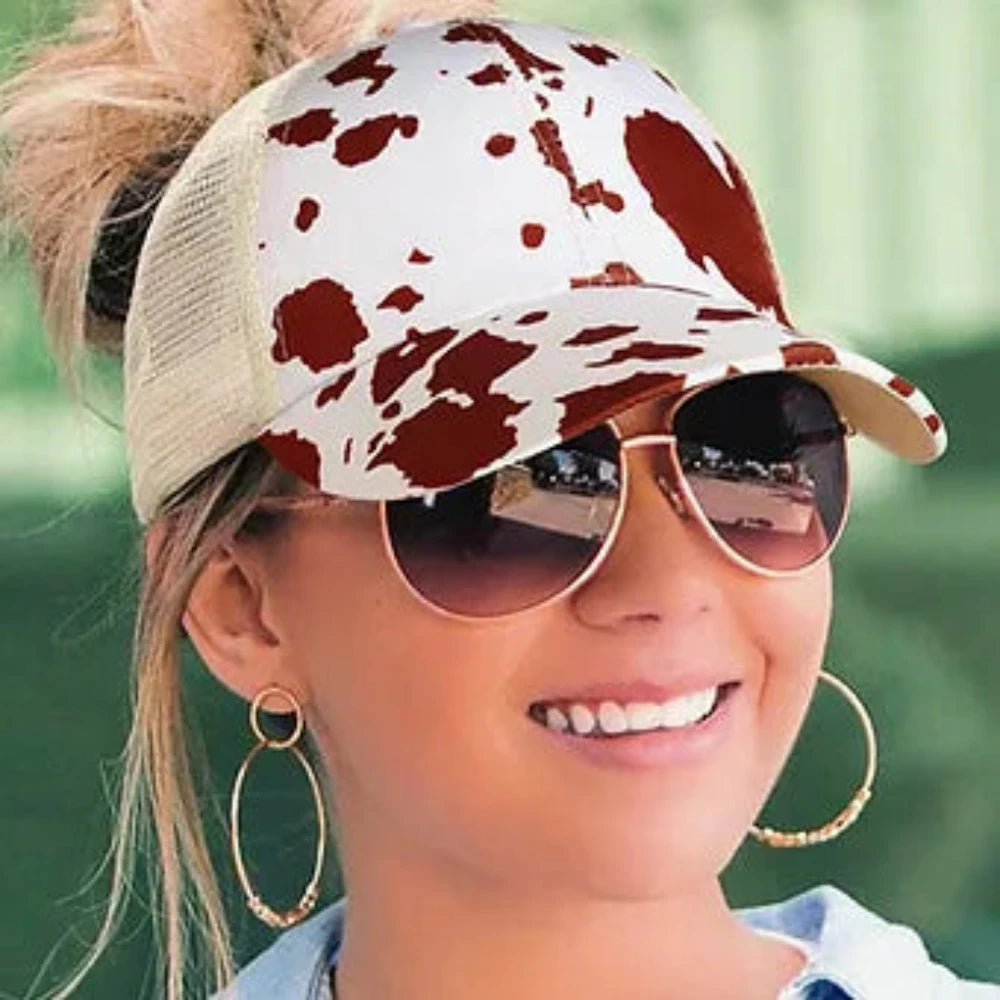 Cow Print Hat w/ Mesh Pony tail opening, Brown or black
