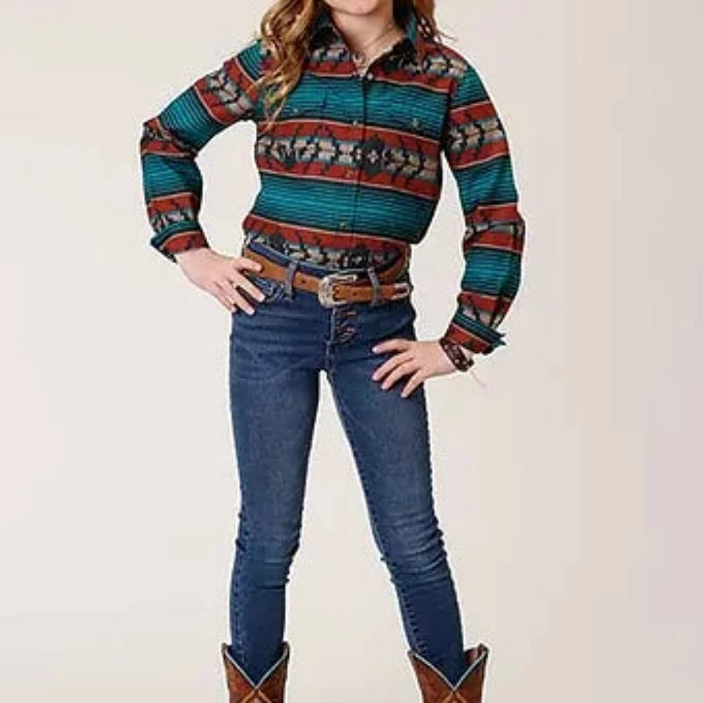 Girl's Roper Teal Stripe Aztec Print Western Shirt