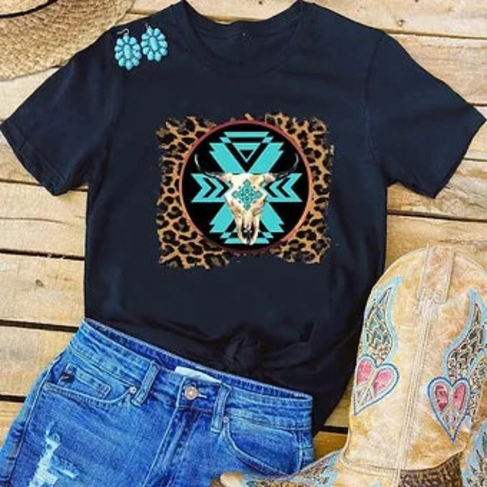 Women's Skull Aztec Leopard Background Shirt