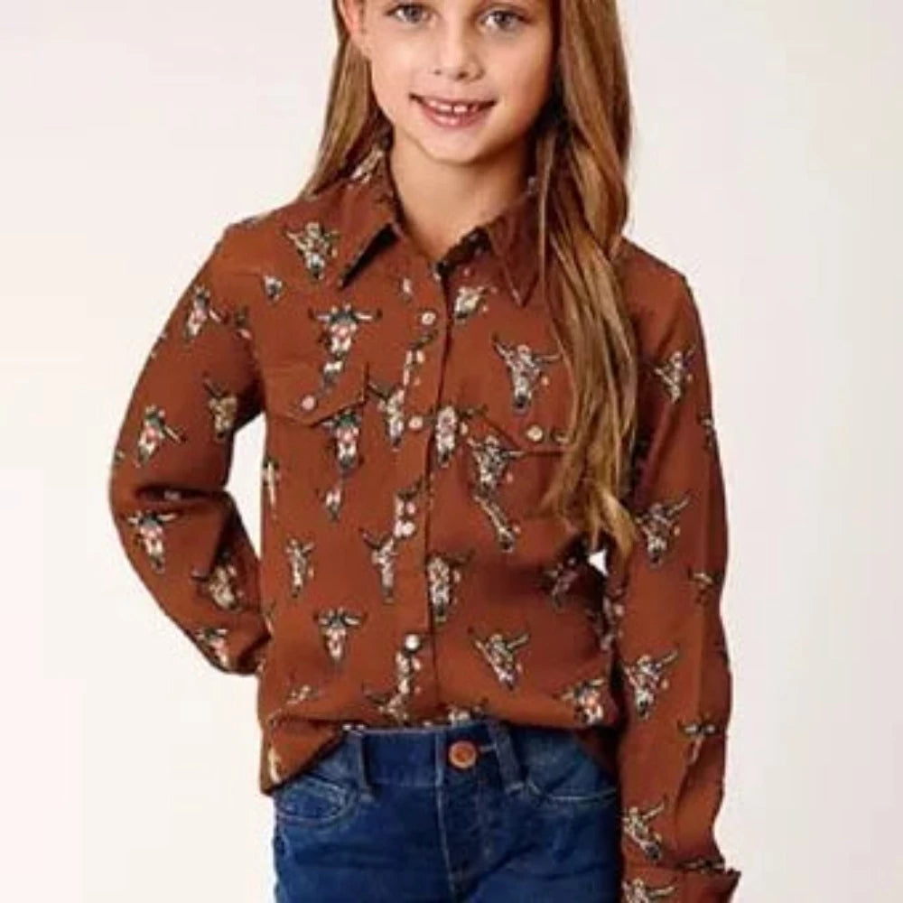 Roper Youth Girl's Brown COW SKULLS PRINT WESTERN SHIRT w Snaps