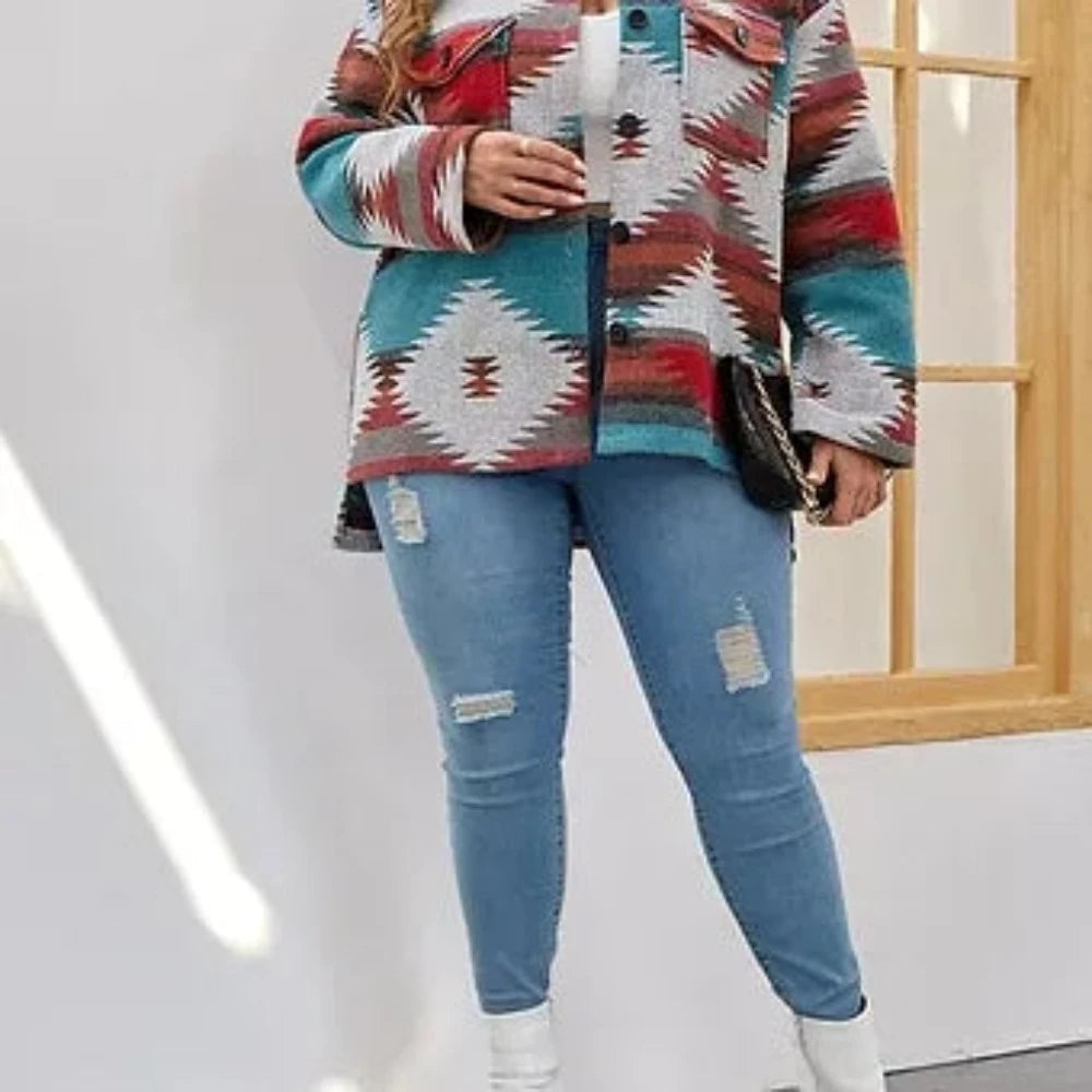 Plus Size Women's Aztec Print Coat Jacket