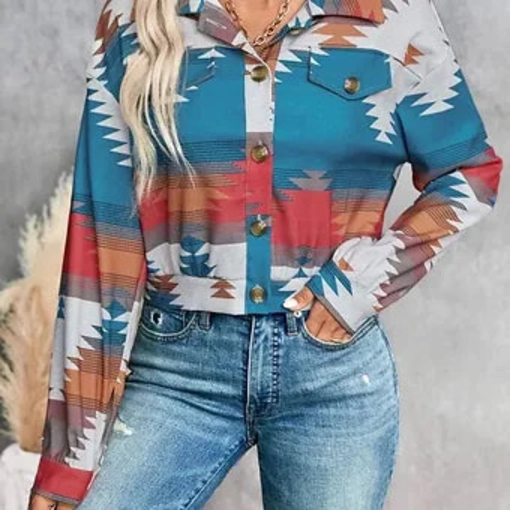 Aztec Design Drop Shoulder Crop Shirt Jacket