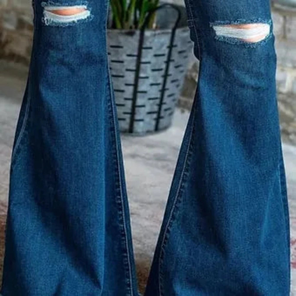 Lucky & Blessed Dark Wash Flare Ripped Knee Jeans Reg & Plus