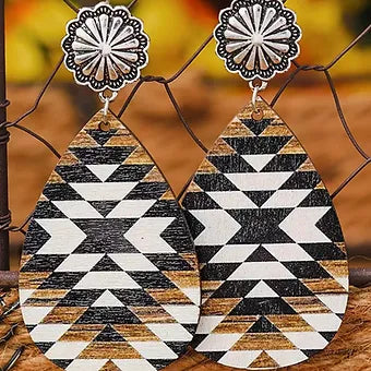 Brown Aztec Print Water Drop Pleather Earrings