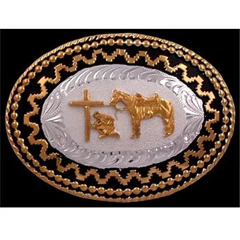 3D Belt Co. Silver Black Gold Praying Cowboy w/ Horse Belt Buckle
