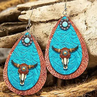 Blue & brown Water Drop Earrings w/ Steer head