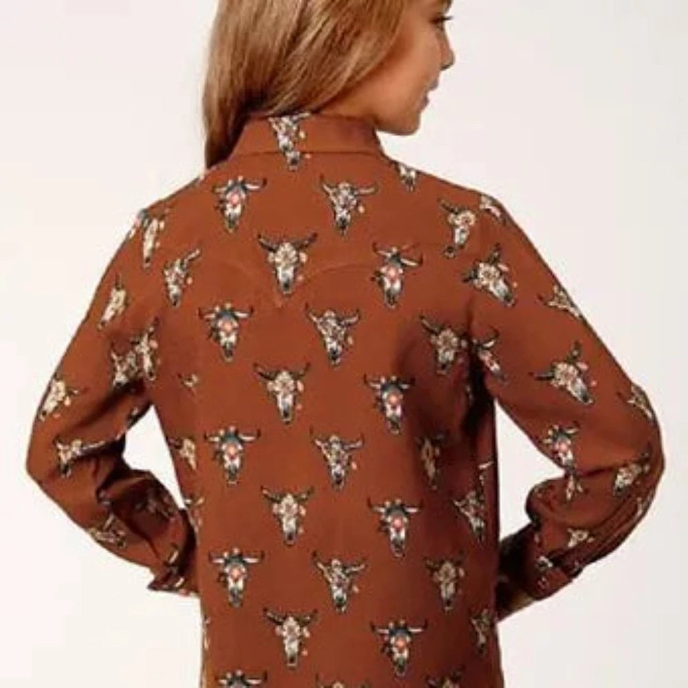 Roper Youth Girl's Brown COW SKULLS PRINT WESTERN SHIRT w Snaps
