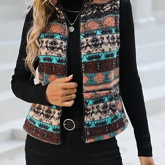 Geo Aztec Tribal Print Zip Up Fleece Vest