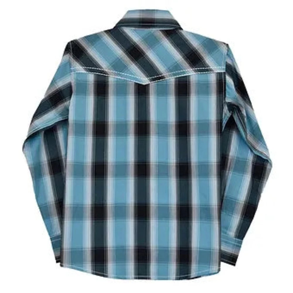YOUTH BOY'S COWBOY HARDWARE BLUE PLAID PRINT WESTERN SHIRT