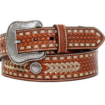 Nocona Belt Co. Men's Leather BASKET WEAVE WESTERN BELT w Floral conchos