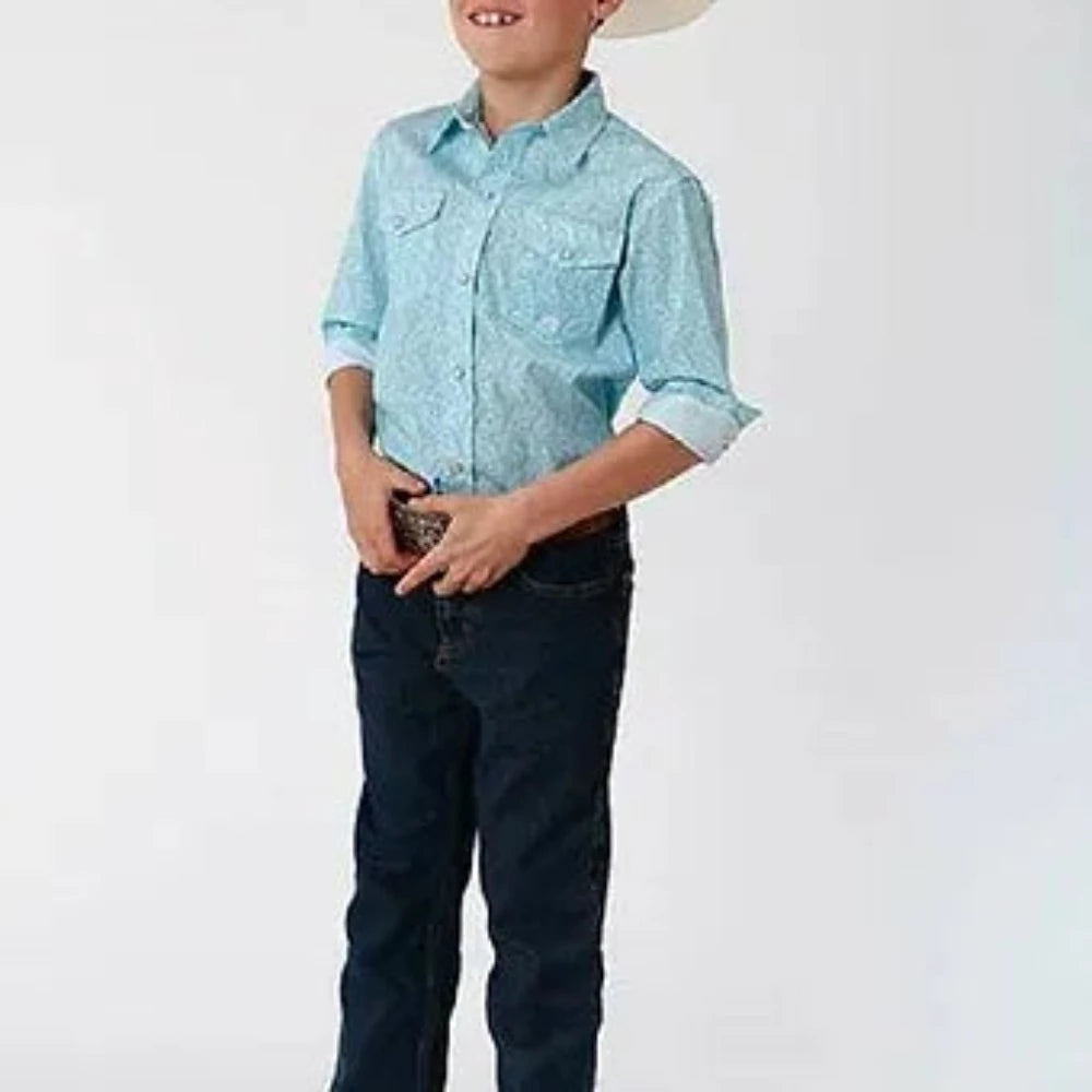 Boys long sleeve Turquoise Paisley Print Button Down Western Shirt