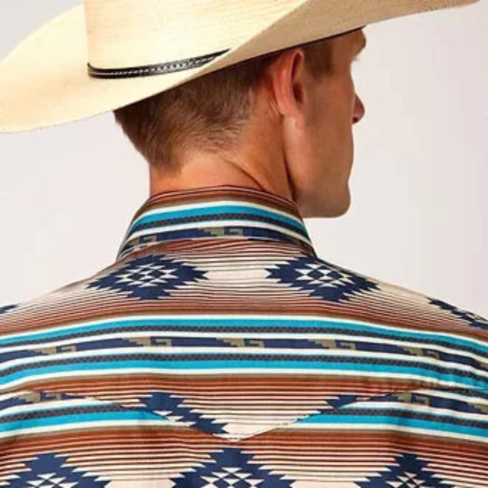 Men's Roper Brown Teal Aztec Print Western Shirt w/ Snaps