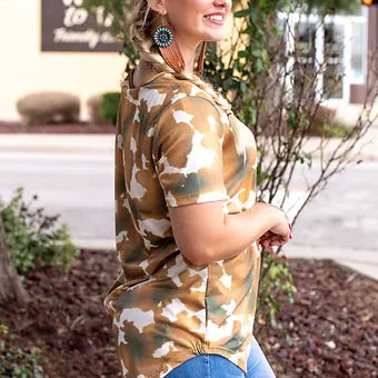 Cowhide Print Short Sleeve Relaxed Fit Caged Neck Shirt