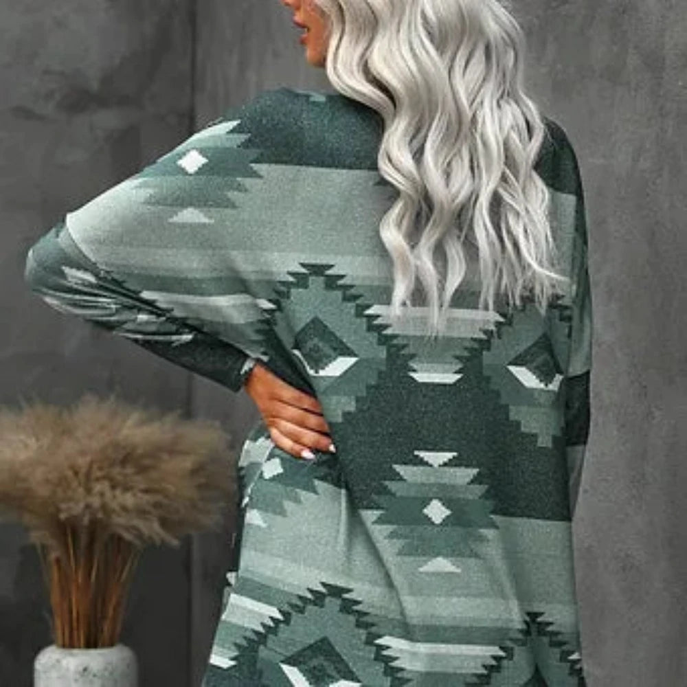 Women's Gray Open Front Aztec Print Cardigan