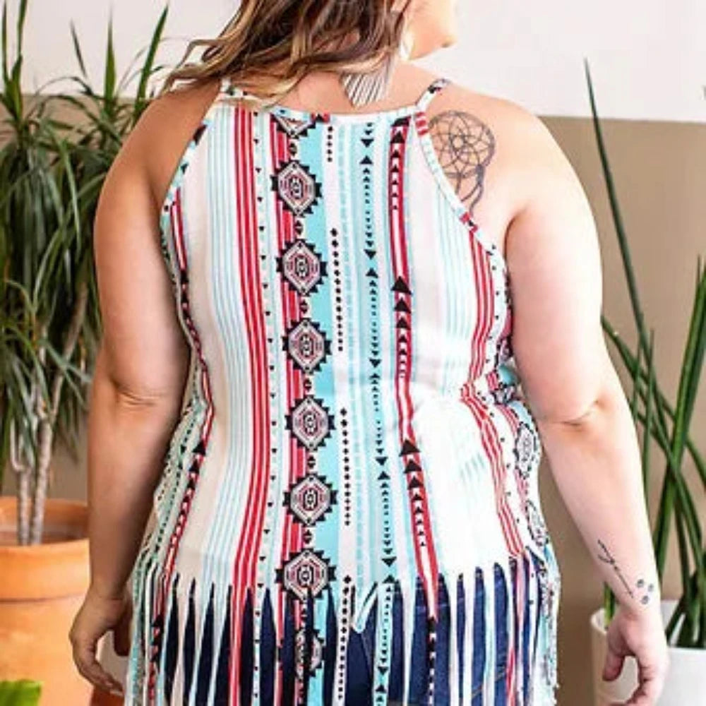 Plus Size Women's Aztec Print Tank Top w/ Tassels