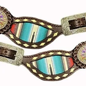 Women's Adjustable SOUTHWEST SERAPE PRINT SPUR STRAPS w/ Rawhide lacing Conchos