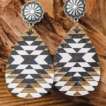 Brown Aztec Print Water Drop Pleather Earrings