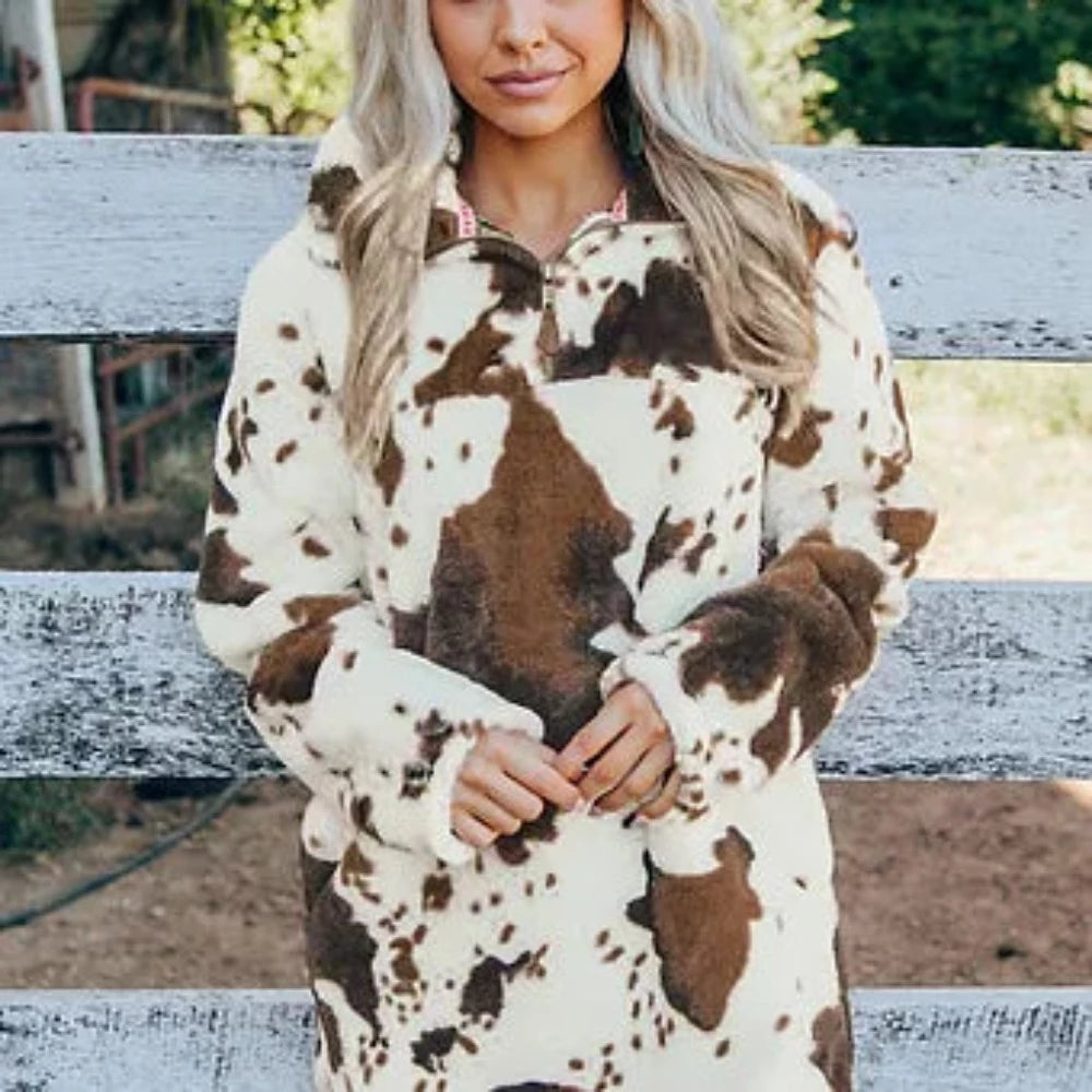 Women's Cow Print Fleece Sweatshirt w/ Zip collar