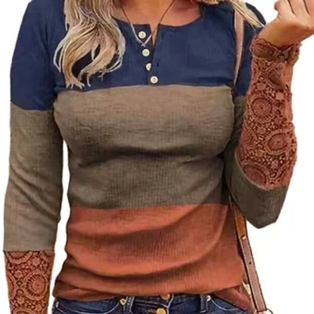 Women's Splicing Color Block Top w/ Lace