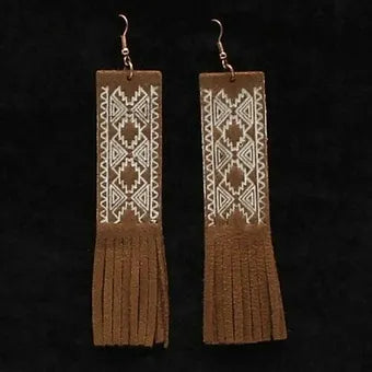 Blazin Roxx Brown Fringe Earrings w/ White Aztec design