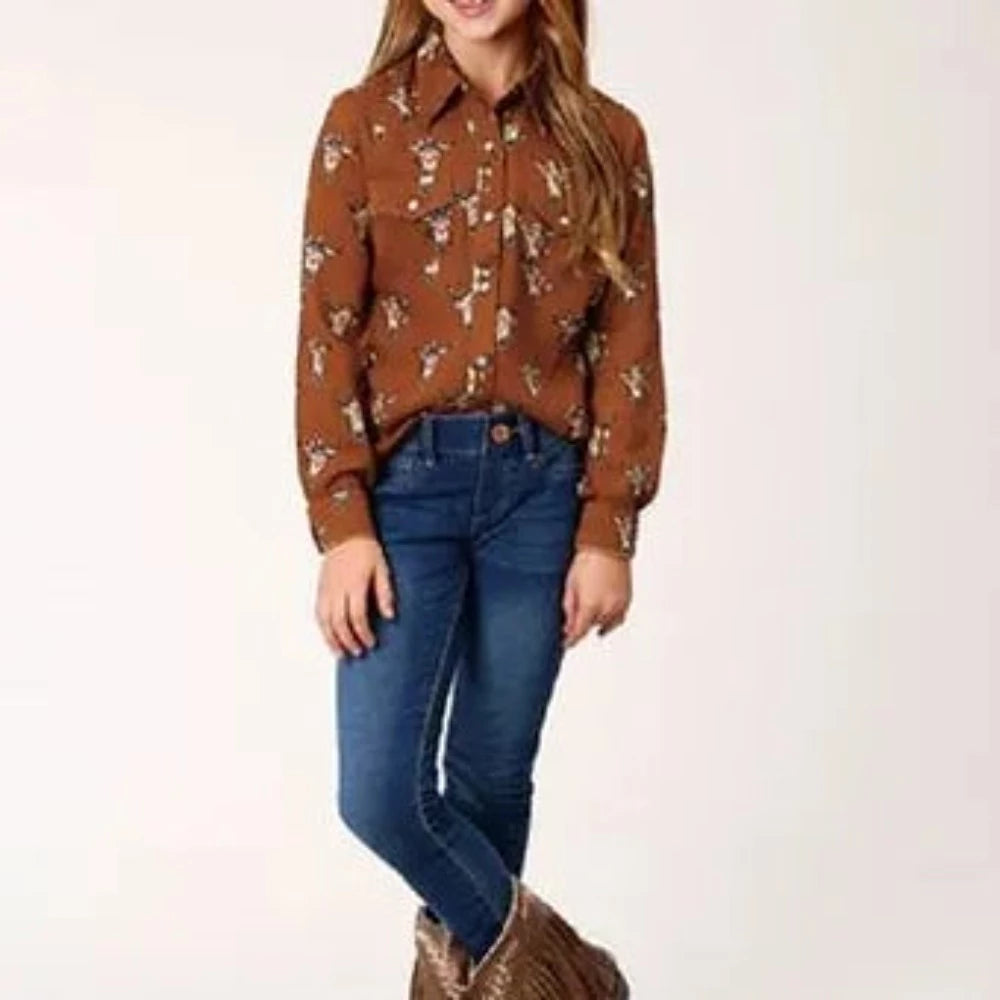 Roper Youth Girl's Brown COW SKULLS PRINT WESTERN SHIRT w Snaps