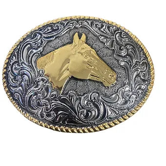 Crumrine Gold & silver Oval HORSE HEAD BELT BUCKLE w/ Filigree Rope edging