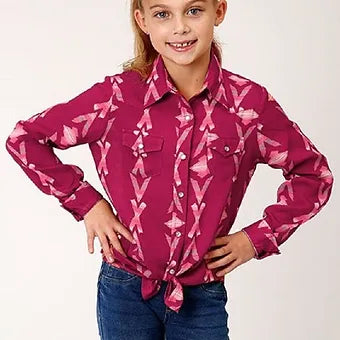 Youth Girl's Roper WINE AZTEC PRINT WESTERN SHIRT w/ Snaps