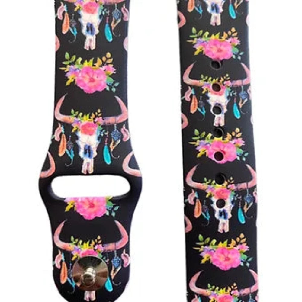 Black silicone APPLE WATCH BAND w/ Floral steer skull