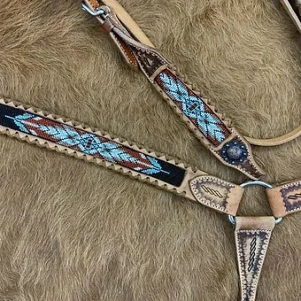 Beaded Browband Headstall & Breast Collar Set w/ Rawhide Leather Accents