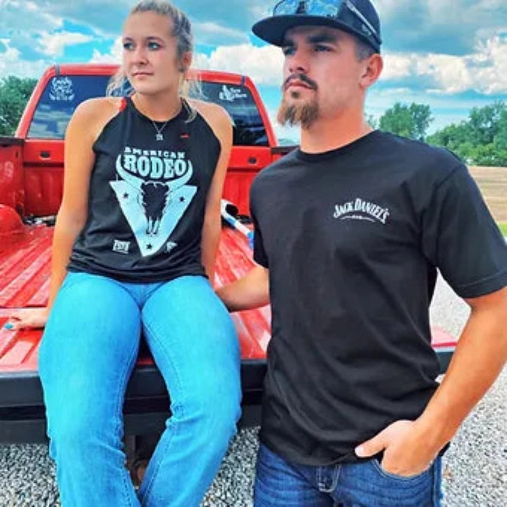 Women's Black 'AMERICAN RODEO' Skull Tank Top w/ Rips