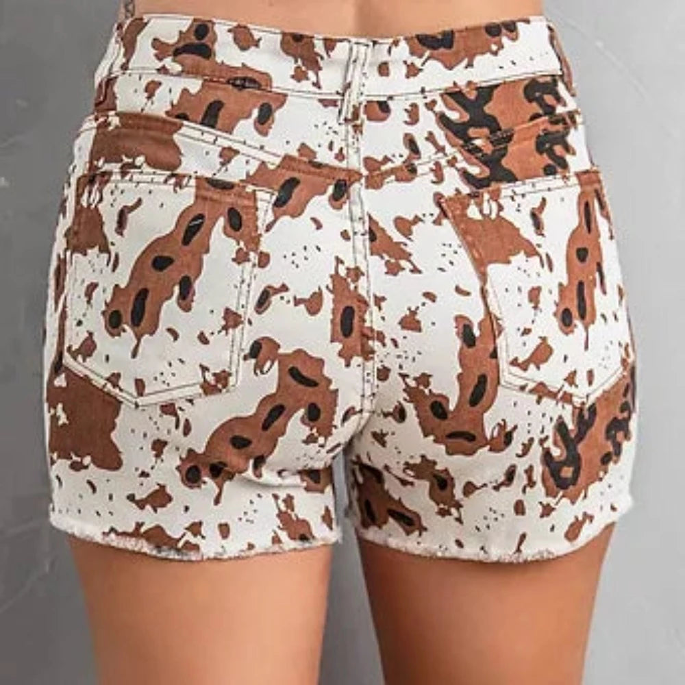 Brown white Cow Print Denim Casual Shorts w/ Pockets