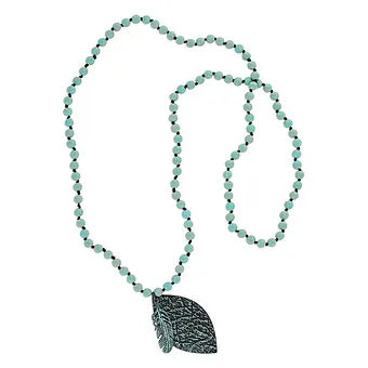 Montana Silversmiths 34" long Turquoise Bead Necklace w/ Feather & leaf pendant