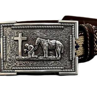 3D Belt Co. Youth boy's Aztec Belt w/ Praying Cowboy Belt Buckle
