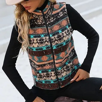 Geo Aztec Tribal Print Zip Up Fleece Vest