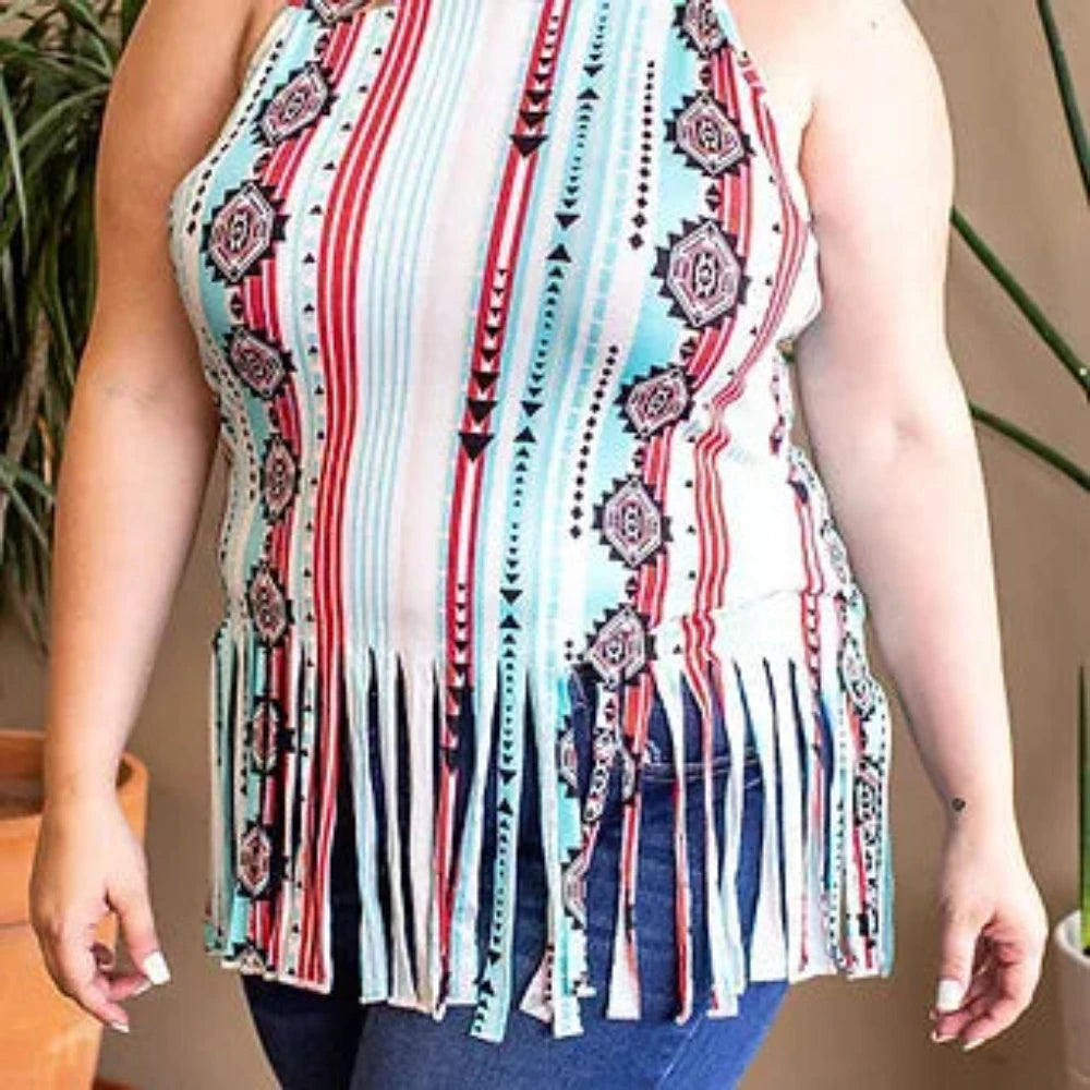 Plus Size Women's Aztec Print Tank Top w/ Tassels