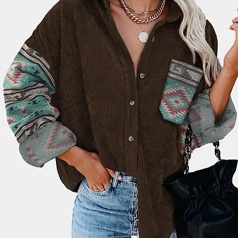 Women's Brown Corduroy Shirt w/ Aztec design sleeves