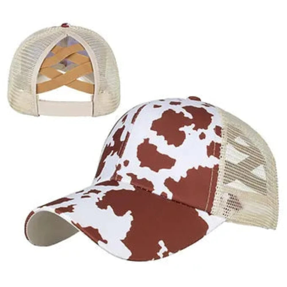 Cow Print Hat w/ Mesh Pony tail opening, Brown or black