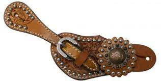 Adjustable Medium leather YOUTH SPUR STRAPS w/ Rosette concho Oak leaf tooling