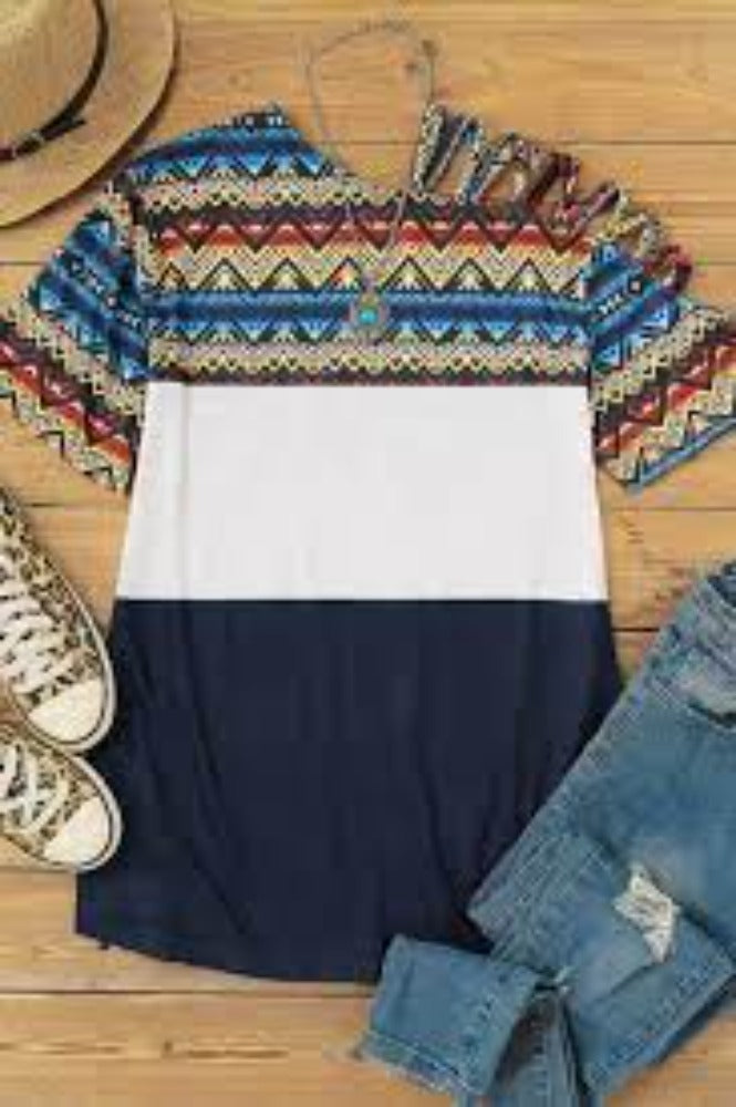 Women's Aztec Print White & Navy Shirt w/ Shoulder straps