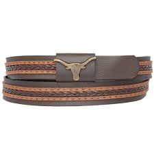 Adjustable Woven Two-tone BROWN LEATHER FLAT HATBAND w/ Bronze Steer head