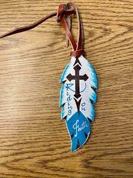 5" Teal & Brown Painted Leather 'Riding On Faith' Tie On w/ Cross Horse saddle