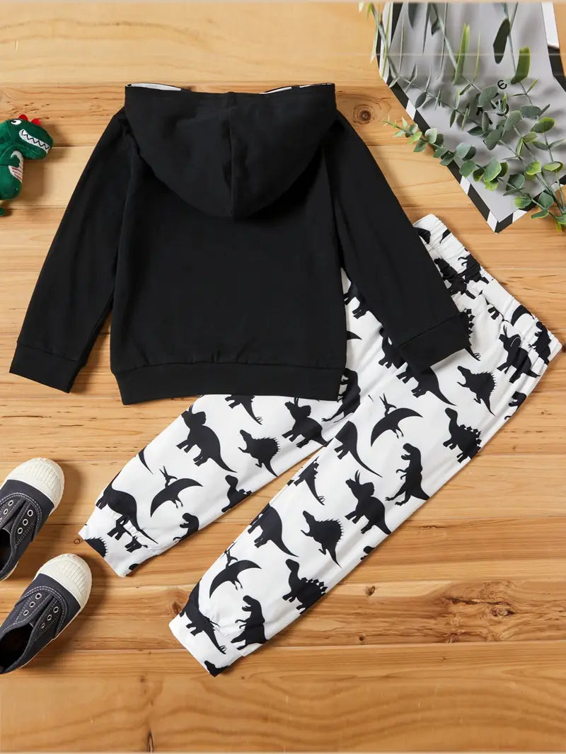Boy's Black Hooded Dinosaur Shirt & Pants Set