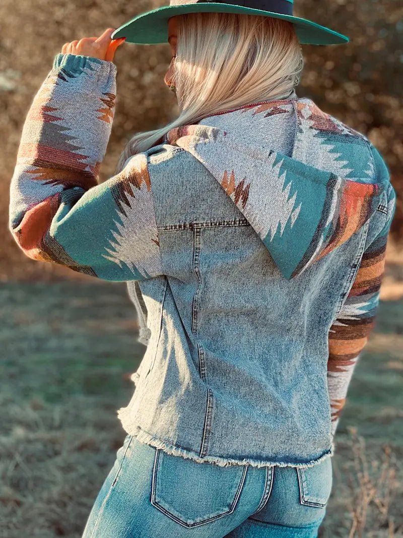 Aztec Print Raw Hem Blue Jean Jacket