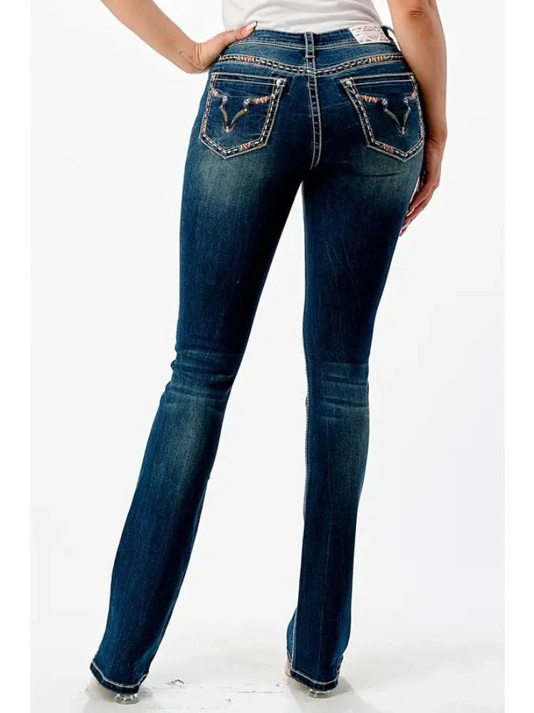Embroidery Bull Head Mid Rise Boot Cut 32" Inseam | EB-81658