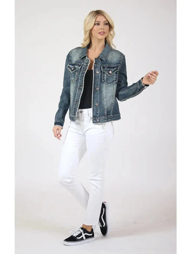 Women's Grace In LA Medium Wash Raw Hem Denim Jacket
