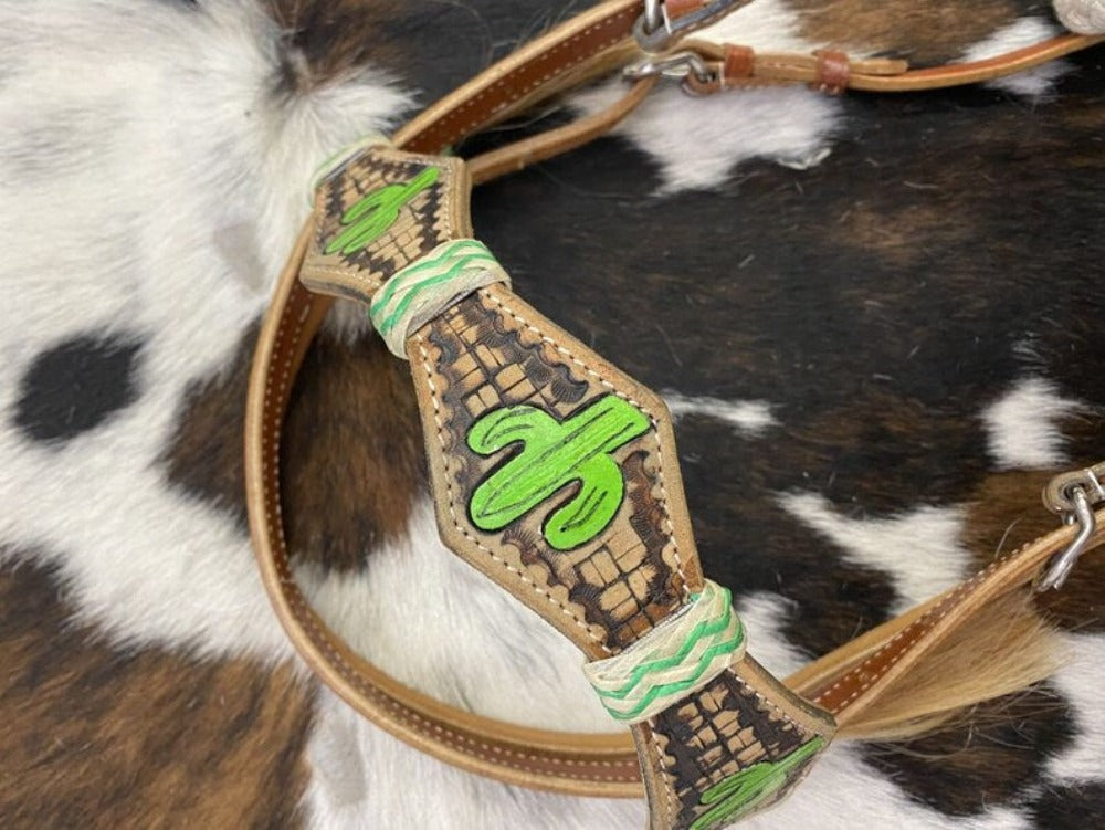 Leather Bosal Headstall w/ Cactus Painted Design